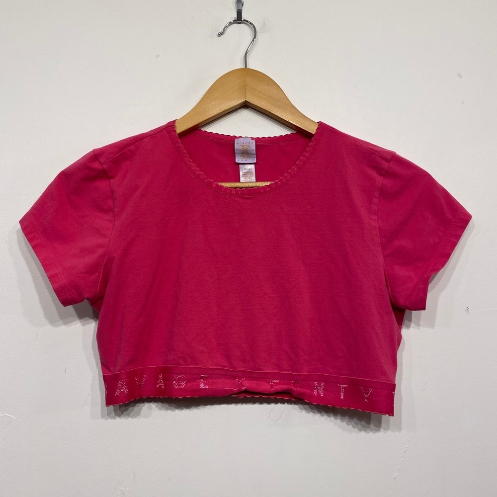 Savage X Fenty Womens Fuchsia Pink Logo Elastic Hem Cropped‎ T-Shirt Medium